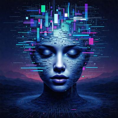The primary subject of the image is a close-up of a woman's face, with a focus on her eyes and lips. The setting is a dark, futuristic environment, possibly a night scene with a cityscape in the background. The visual style is a digital art or illustration, with a vibrant and colorful appearance. The dominant colors are blue, purple, and pink, creating a sense of depth and intrigue.